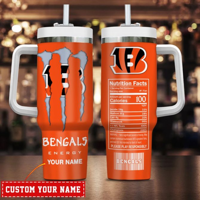 Cincinnati Bengals Nfl Energy Nutrition Facts Custom Stanley Quencher 40Oz Stainless Steel Tumbler With Handle
