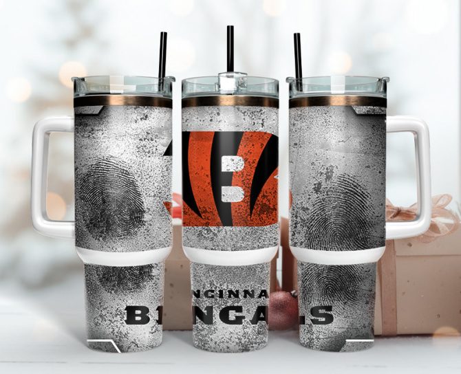 Cincinnati Bengals Nfl Fingerprint Effect Custom Stanley Quencher 40Oz Stainless Steel Tumbler With Handle