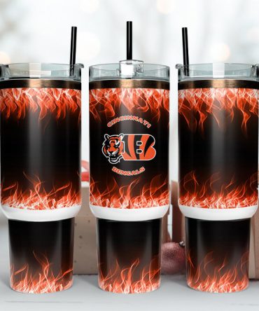 Cincinnati Bengals Nfl Fire Effect Custom Stanley Quencher 40Oz Stainless Steel Tumbler With Handle