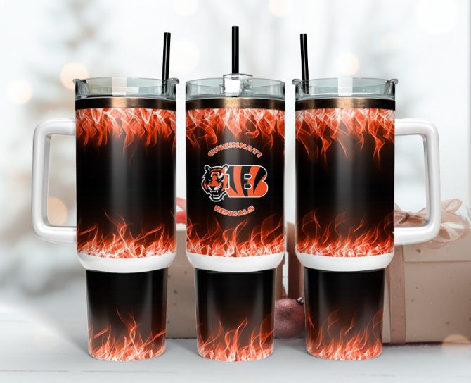 Cincinnati Bengals Nfl Fire Effect Custom Stanley Quencher 40Oz Stainless Steel Tumbler With Handle
