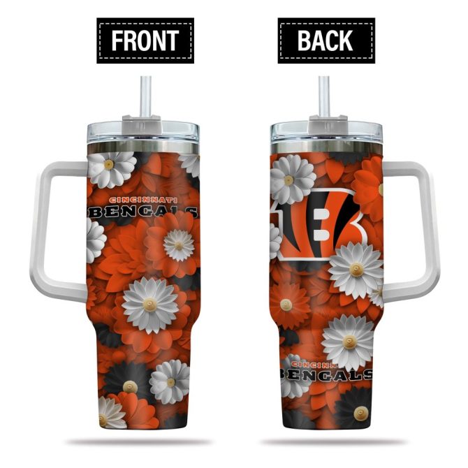 Cincinnati Bengals Nfl Flowers Custom Stanley Quencher 40Oz Stainless Steel Tumbler With Handle