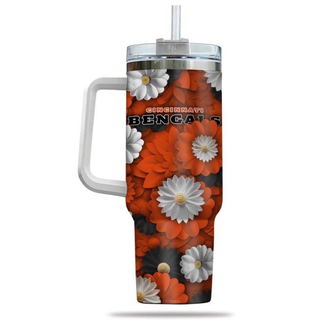 Cincinnati Bengals Nfl Flowers Custom Stanley Quencher 40Oz Stainless Steel Tumbler With Handle - Image 3