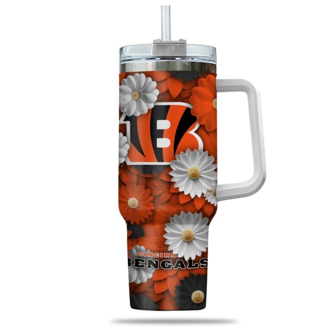 Cincinnati Bengals Nfl Flowers Custom Stanley Quencher 40Oz Stainless Steel Tumbler With Handle - Image 2