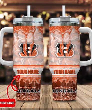 Cincinnati Bengals Nfl Glitter Custom Stanley Quencher 40Oz Stainless Steel Tumbler With Handle