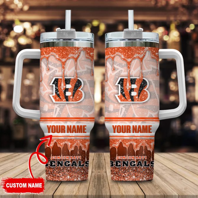 Cincinnati Bengals Nfl Glitter Custom Stanley Quencher 40Oz Stainless Steel Tumbler With Handle