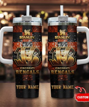 Cincinnati Bengals Nfl Glitter Golden Logo Custom Stanley Quencher 40Oz Stainless Steel Tumbler With Handle