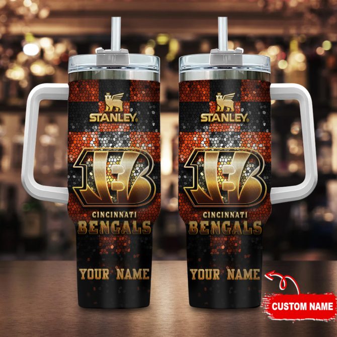 Cincinnati Bengals Nfl Glitter Golden Logo Custom Stanley Quencher 40Oz Stainless Steel Tumbler With Handle
