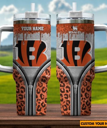 Cincinnati Bengals Nfl Glitter Leopard Print Custom Stanley Quencher 40Oz Stainless Steel Tumbler With Handle