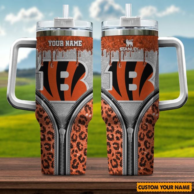 Cincinnati Bengals Nfl Glitter Leopard Print Custom Stanley Quencher 40Oz Stainless Steel Tumbler With Handle