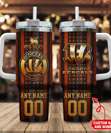 Cincinnati Bengals Nfl Golden Logos Us Flag Custom Stanley Quencher 40Oz Stainless Steel Tumbler With Handle