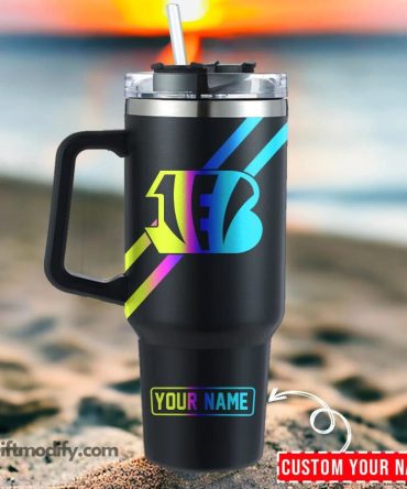 Cincinnati Bengals Nfl Hologram Logo Custom Stanley Quencher 40Oz Stainless Steel Tumbler With Handle