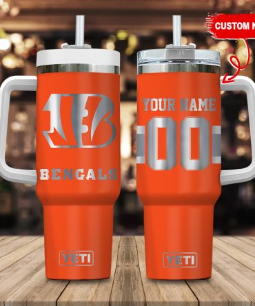 Cincinnati Bengals Nfl Laser Engraved Effect Custom Stanley Quencher 40Oz Stainless Steel Tumbler With Handle