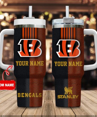 Cincinnati Bengals Nfl Leather Effect Custom Stanley Quencher 40Oz Stainless Steel Tumbler With Handle
