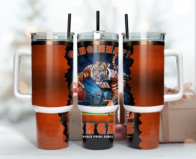 Cincinnati Bengals Nfl Mascot Custom Stanley Quencher 40Oz Stainless Steel Tumbler With Handle