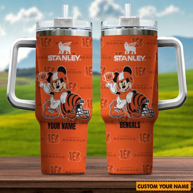 Cincinnati Bengals Nfl Mickey Mouse Custom Stanley Quencher 40Oz Stainless Steel Tumbler With Handle