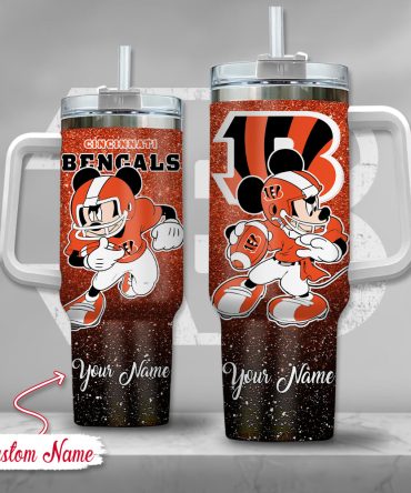 Cincinnati Bengals Nfl Mickey Mouse Glitter Custom Stanley Quencher 40Oz Stainless Steel Tumbler With Handle