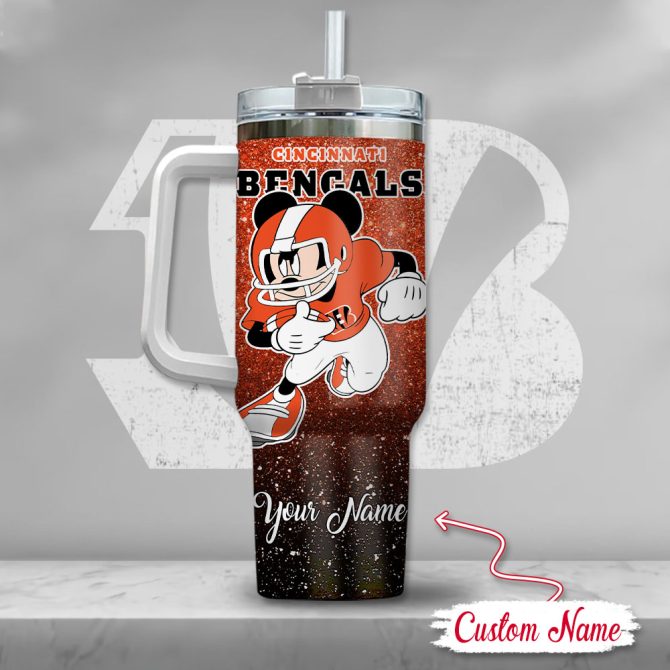 Cincinnati Bengals Nfl Mickey Mouse Glitter Custom Stanley Quencher 40Oz Stainless Steel Tumbler With Handle - Image 3