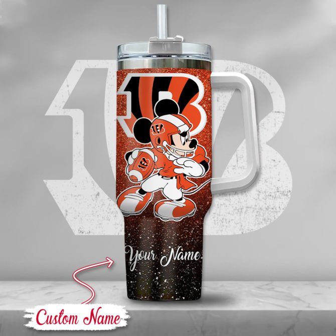 Cincinnati Bengals Nfl Mickey Mouse Glitter Custom Stanley Quencher 40Oz Stainless Steel Tumbler With Handle - Image 2