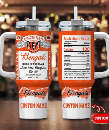 Cincinnati Bengals Nfl Nutrition Facts Custom Stanley Quencher 40Oz Stainless Steel Tumbler With Handle