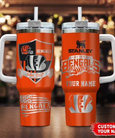 Cincinnati Bengals Nfl Silver Logo Custom Stanley Quencher 40Oz Stainless Steel Tumbler With Handle