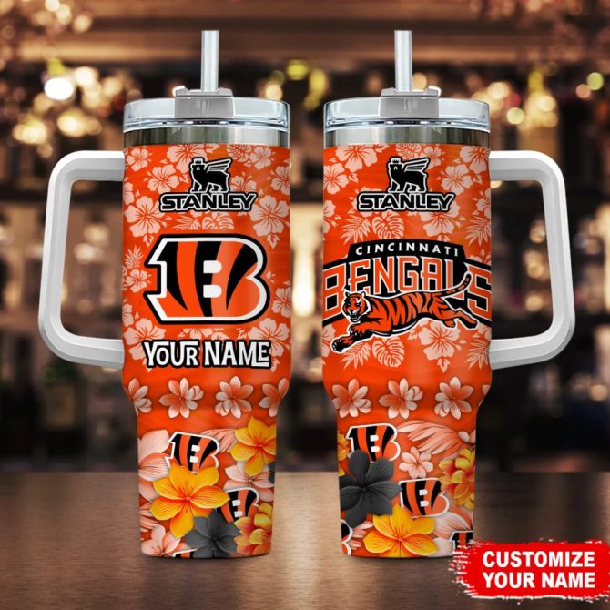 Cincinnati Bengals Nfl Tropical Floral Custom Stanley Quencher 40Oz Stainless Steel
