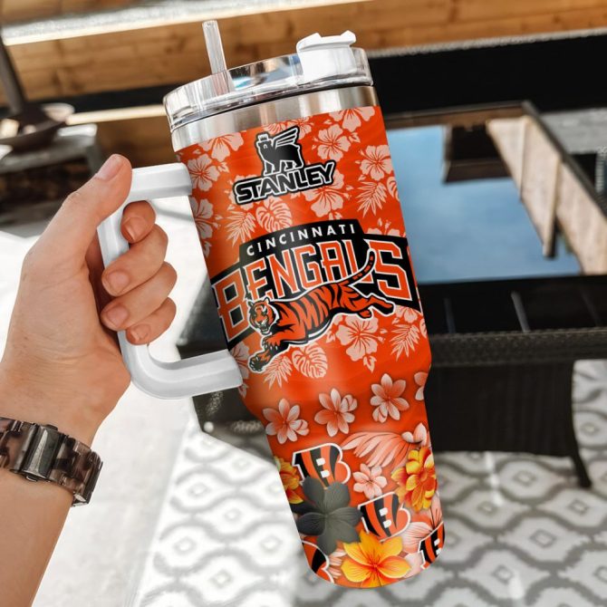 Cincinnati Bengals Nfl Tropical Floral Custom Stanley Quencher 40Oz Stainless Steel - Image 3