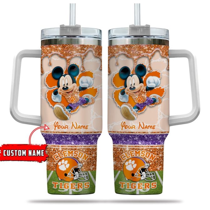 Clemson Tigers Ncaa Mickey Mouse Glitter Custom Stanley Quencher 40Oz Stainless Steel Tumbler With Handle - Image 5