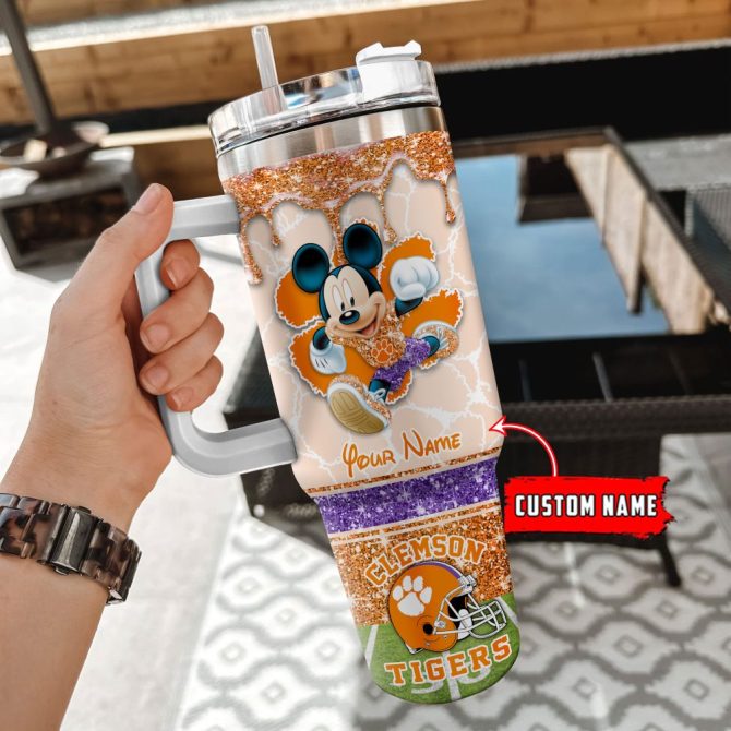 Clemson Tigers Ncaa Mickey Mouse Glitter Custom Stanley Quencher 40Oz Stainless Steel Tumbler With Handle - Image 2