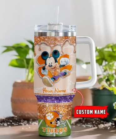 Clemson Tigers Ncaa Mickey Mouse Glitter Custom Stanley Quencher 40Oz Stainless Steel Tumbler With Handle