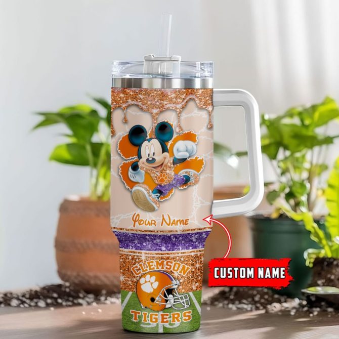 Clemson Tigers Ncaa Mickey Mouse Glitter Custom Stanley Quencher 40Oz Stainless Steel Tumbler With Handle