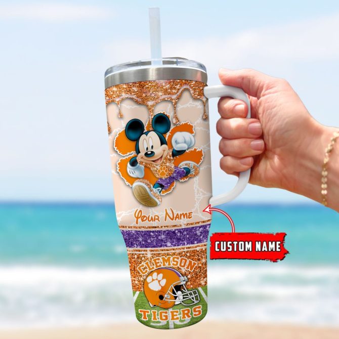 Clemson Tigers Ncaa Mickey Mouse Glitter Custom Stanley Quencher 40Oz Stainless Steel Tumbler With Handle - Image 3