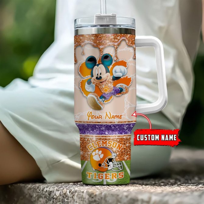 Clemson Tigers Ncaa Mickey Mouse Glitter Custom Stanley Quencher 40Oz Stainless Steel Tumbler With Handle - Image 4