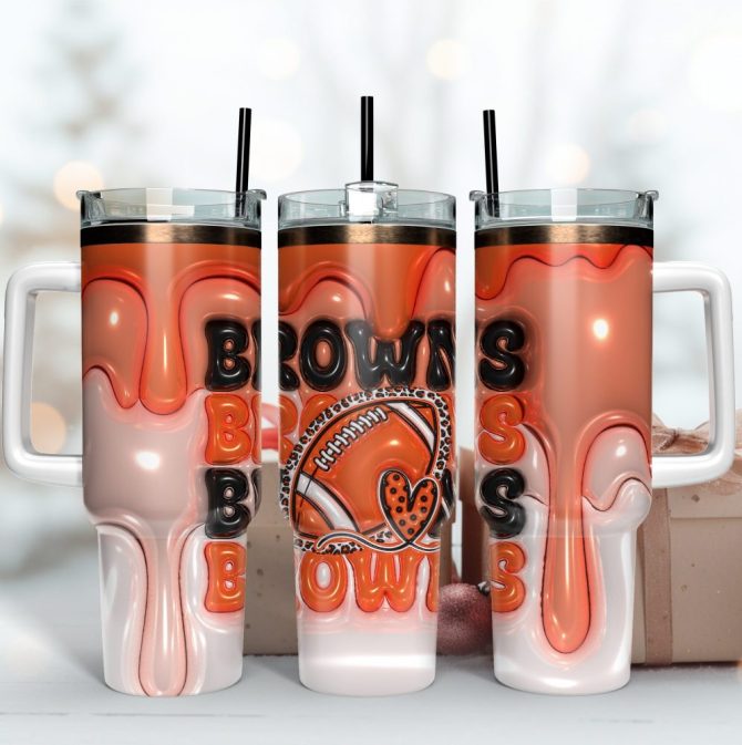 Cleveland Browns Nfl 3D Inflated Puff Effect Custom Stanley Quencher 40Oz Stainless Steel Tumbler With Handle