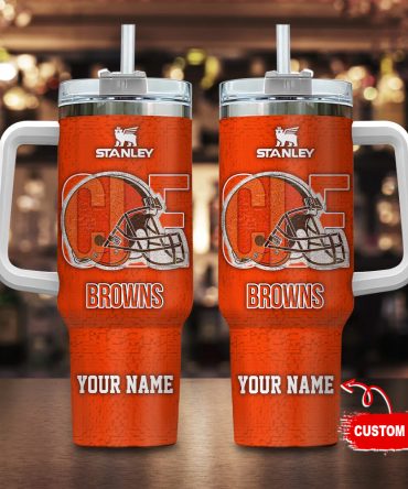 Cleveland Browns Nfl 3D Logo Custom Stanley Quencher 40Oz Stainless Steel Tumbler With Handle