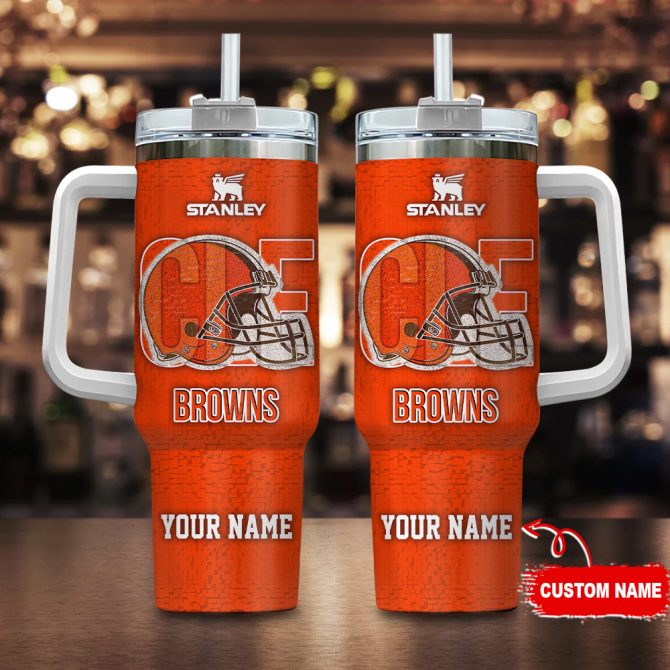 Cleveland Browns Nfl 3D Logo Custom Stanley Quencher 40Oz Stainless Steel Tumbler With Handle