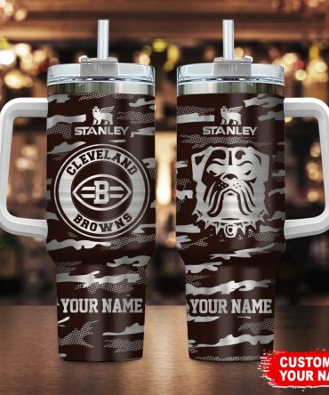 Cleveland Browns Nfl Camo Pattern Custom Stanley Quencher 40Oz Stainless Steel Tumbler With Handle