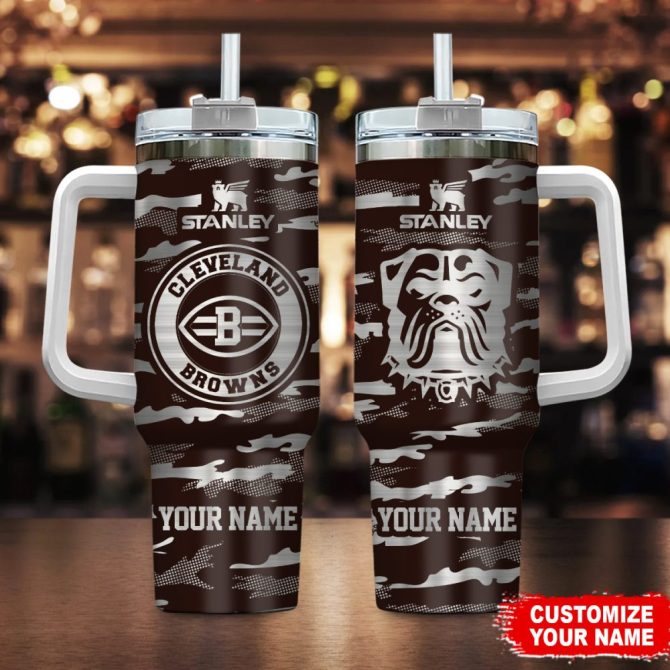 Cleveland Browns Nfl Camo Pattern Custom Stanley Quencher 40Oz Stainless Steel Tumbler With Handle