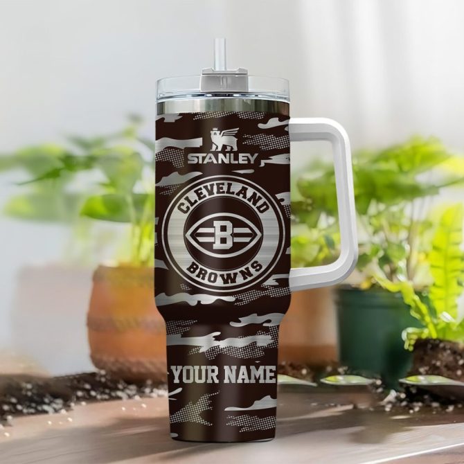 Cleveland Browns Nfl Camo Pattern Custom Stanley Quencher 40Oz Stainless Steel Tumbler With Handle - Image 2