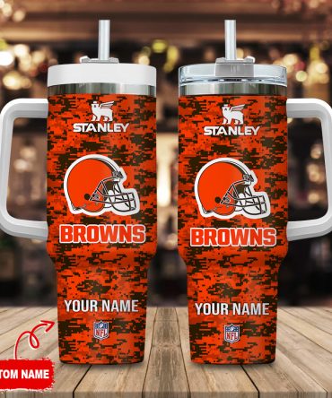 Cleveland Browns Nfl Camouflage Custom Stanley Quencher 40Oz Stainless Steel Tumbler With Handle