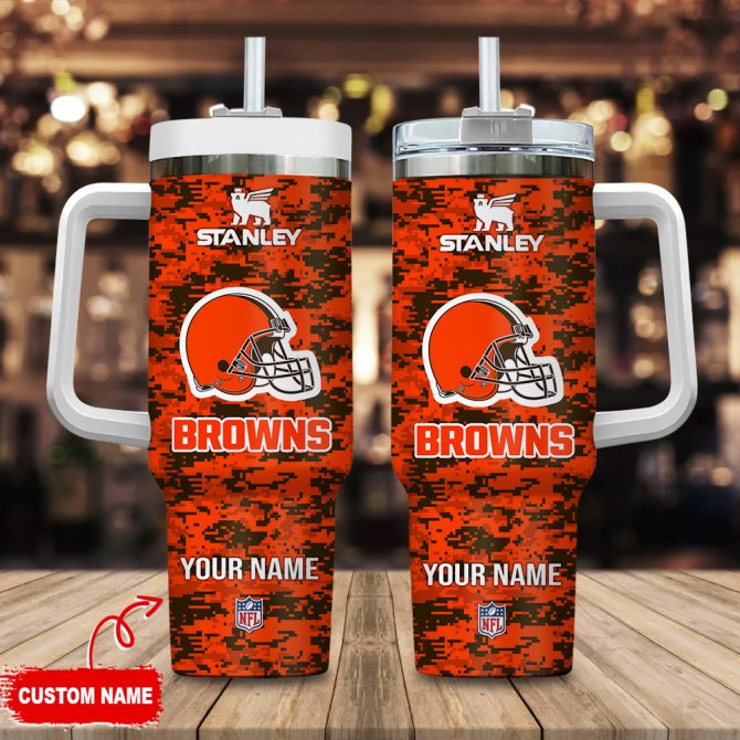 Cleveland Browns Nfl Camouflage Custom Stanley Quencher 40Oz Stainless Steel Tumbler With Handle