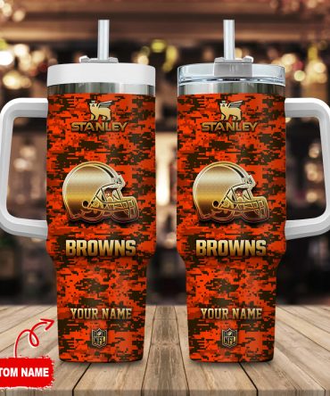 Cleveland Browns Nfl Camouflage Golden Logo Custom Stanley Quencher 40Oz Stainless Steel Tumbler With Handle