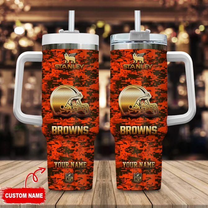 Cleveland Browns Nfl Camouflage Golden Logo Custom Stanley Quencher 40Oz Stainless Steel Tumbler With Handle