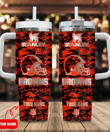 Cleveland Browns Nfl Camouflage Silver Logo Custom Stanley Quencher 40Oz Stainless Steel Tumbler With Handle