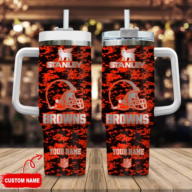 Cleveland Browns Nfl Camouflage Silver Logo Custom Stanley Quencher 40Oz Stainless Steel Tumbler With Handle