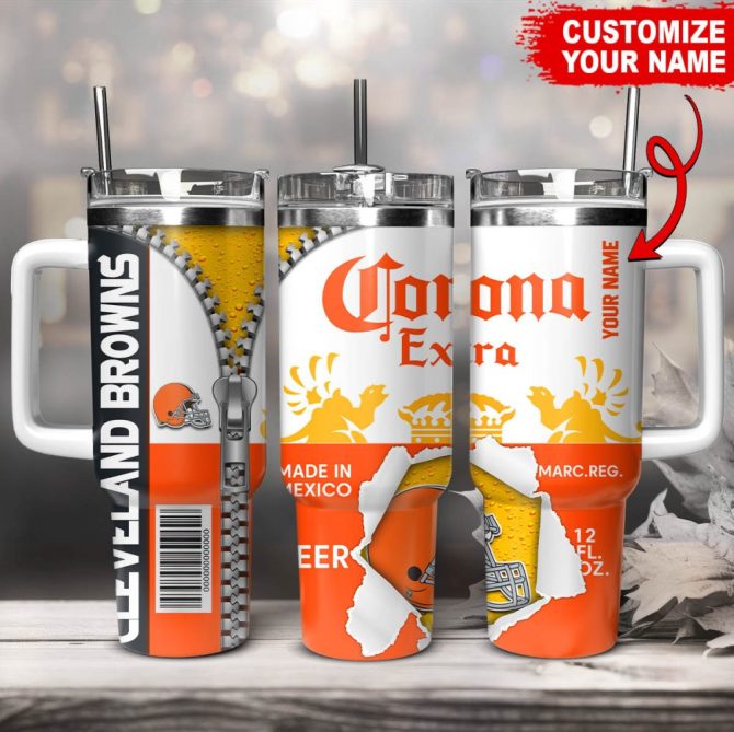 Cleveland Browns Nfl Corona Extra Custom Stanley Quencher 40Oz Stainless Steel Tumbler With Handle