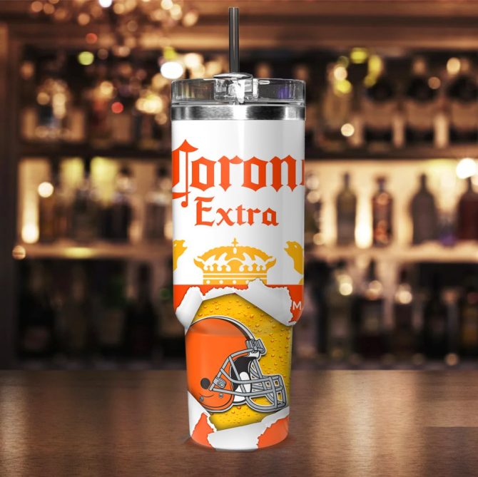 Cleveland Browns Nfl Corona Extra Custom Stanley Quencher 40Oz Stainless Steel Tumbler With Handle - Image 2