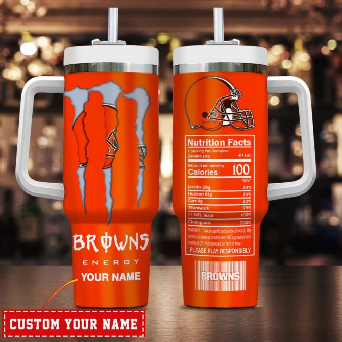 Cleveland Browns Nfl Energy Nutrition Facts Custom Stanley Quencher 40Oz Stainless Steel Tumbler With Handle