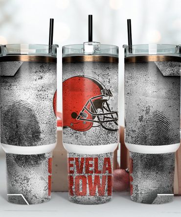 Cleveland Browns Nfl Fingerprint Effect Custom Stanley Quencher 40Oz Stainless Steel Tumbler With Handle