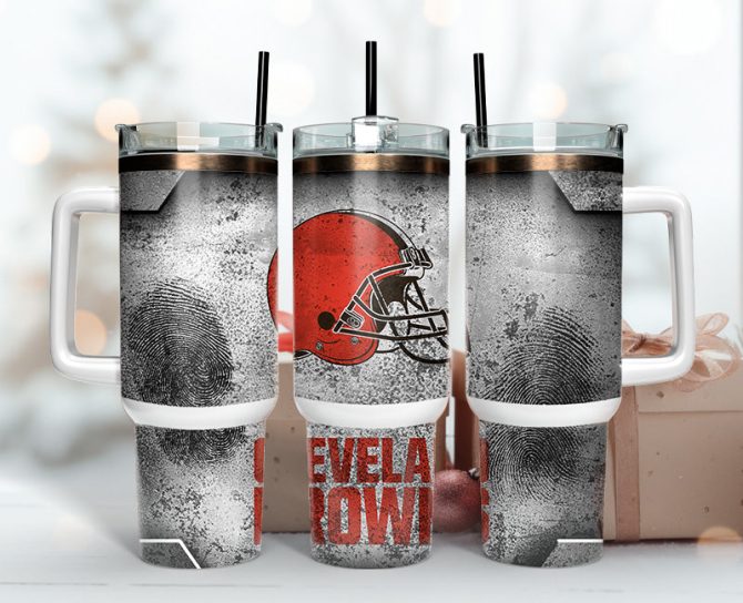 Cleveland Browns Nfl Fingerprint Effect Custom Stanley Quencher 40Oz Stainless Steel Tumbler With Handle