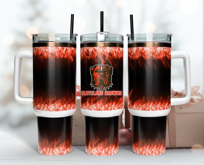 Cleveland Browns Nfl Fire Effect Custom Stanley Quencher 40Oz Stainless Steel Tumbler With Handle